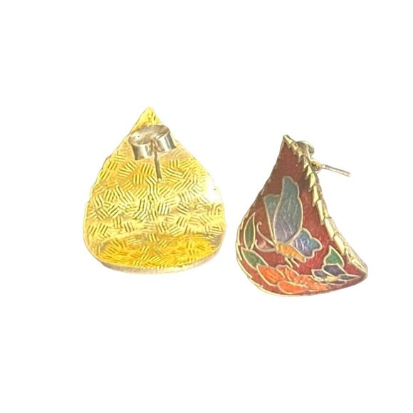 Vintage Pierced Cloisonné Teardrop Earrings With Enamel Floral Design - Picture 2 of 4